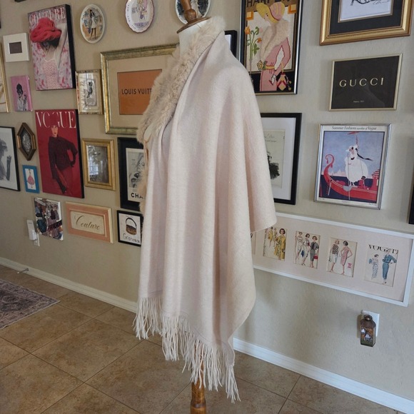 70s Rabbit Fur Trim Pom Pom Accents Cashmere Shawl Poncho Wrap Tassels Fringe